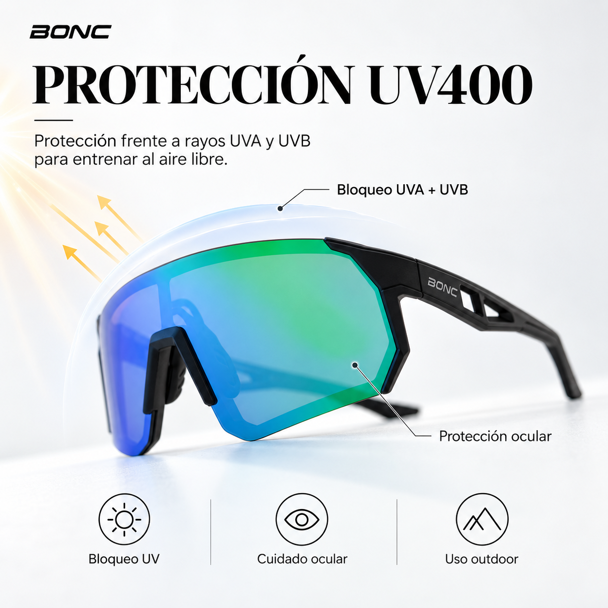 Anteojos deportivos BONC OWEN con protección UV400 frente a rayos UVA y UVB.